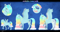 Size: 1800x947 | Tagged: safe, artist:bijutsuyoukai, oc, oc only, oc:aurora cascade, alicorn, pony, female, filly, mare, reference sheet, solo