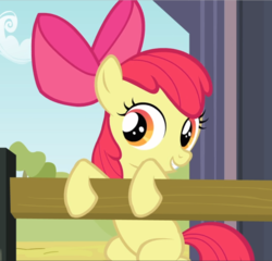 Size: 977x939 | Tagged: safe, screencap, apple bloom, earth pony, pony, g4, the last roundup, adorabloom, bow, cropped, cute, female, fence, filly, hair bow, smiling, solo