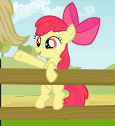 Size: 752x826 | Tagged: safe, screencap, apple bloom, applejack, earth pony, pony, g4, the last roundup, adorabloom, bow, cropped, cute, female, fence, filly, hair bow, mare, open mouth, raised hoof, smiling, solo