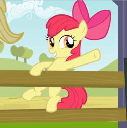 Size: 818x820 | Tagged: safe, screencap, apple bloom, applejack, earth pony, pony, g4, the last roundup, adorabloom, bow, cropped, cute, female, fence, filly, hair bow, pointing, raised hoof, smiling, solo focus