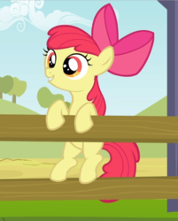 Size: 696x866 | Tagged: safe, screencap, apple bloom, earth pony, pony, g4, the last roundup, adorabloom, bow, cropped, cute, female, fence, filly, hair bow, smiling, solo