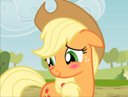 Size: 1230x939 | Tagged: safe, screencap, applejack, earth pony, pony, g4, the last roundup, appleblush, applejack's hat, blushing, cowboy hat, cropped, cute, cutie mark, female, flattered, floppy ears, freckles, hat, jackabetes, looking down, mare, smiling, solo, stetson