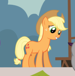 Size: 718x737 | Tagged: safe, screencap, applejack, earth pony, pony, g4, the last roundup, applejack's hat, cowboy hat, cropped, cute, female, freckles, hat, jackabetes, mare, smiling, solo focus