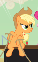 Size: 548x878 | Tagged: safe, screencap, applejack, pinkie pie, earth pony, pony, g4, the last roundup, applejack is not amused, cropped, female, freckles, mare, offscreen character, reins, saddle bag, sitting, solo focus, unamused