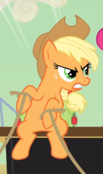 Size: 503x851 | Tagged: safe, screencap, applejack, pinkie pie, earth pony, pony, g4, the last roundup, angry, applejack is not amused, applejack's hat, cowboy hat, cropped, female, freckles, hat, mare, offscreen character, reins, sitting, solo focus, teeth, unamused