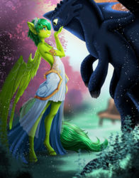 Size: 2500x3181 | Tagged: safe, artist:whisperira, oc, oc only, oc:evergreen feathersong, dragon, night fury, pegasus, anthro, unguligrade anthro, anthro oc, clothes, crown, dress, eye contact, female, forest, high res, how to train your dragon, httyd, jewelry, looking at each other, mare, regalia, toothless the dragon, wings