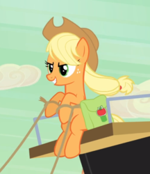 Size: 652x755 | Tagged: safe, screencap, applejack, earth pony, pony, g4, the last roundup, cropped, female, freckles, mare, reins, saddle bag, sitting, smiling, solo, stagecoach, windswept mane