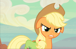Size: 1463x941 | Tagged: safe, screencap, applejack, earth pony, pony, g4, the last roundup, angry, applejack is not amused, cropped, ears back, female, mare, saddle bag, solo, unamused