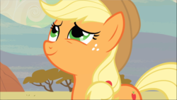 Size: 1669x940 | Tagged: safe, screencap, applejack, earth pony, pony, g4, the last roundup, female, happy, looking up, mare, smiling, solo