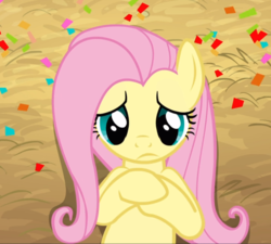 Size: 931x839 | Tagged: safe, screencap, fluttershy, pegasus, pony, g4, the last roundup, cropped, female, hooves to the chest, lying down, mare, solo