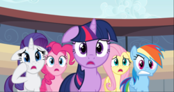 Size: 1668x884 | Tagged: safe, screencap, fluttershy, pinkie pie, rainbow dash, rarity, twilight sparkle, earth pony, pegasus, pony, unicorn, g4, the last roundup, cropped, disappointed, female, floppy ears, gritted teeth, group, mare, open mouth, shocked, teeth, unicorn twilight