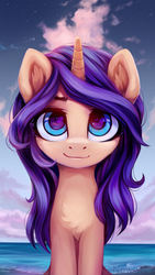 Size: 1080x1920 | Tagged: safe, artist:inowiseei, oc, oc only, oc:melody verve, pony, unicorn, beach, chest fluff, cloud, commission, cute, female, looking at you, mare, ocean, smiling, solo, water