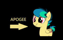 Size: 514x326 | Tagged: safe, artist:peternators, edit, oc, oc only, oc:apogee, pegasus, pony, black background, captain obvious, female, filly, simple background, smiling, solo, text, truth