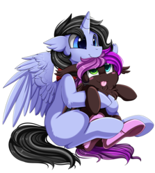 Size: 2285x2560 | Tagged: safe, artist:pridark, oc, oc only, pegasus, pony, unicorn, :p, blush sticker, blushing, chest fluff, commission, female, high res, hug, male, mare, silly, simple background, sitting, smiling, stallion, tongue out, transparent background