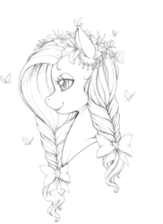 Size: 2550x3507 | Tagged: safe, artist:longinius, fluttershy, butterfly, pony, g4, alternate hairstyle, bow, braid, bust, female, flower, flower in hair, grayscale, hair ornament, high res, jewelry, lidded eyes, mare, monochrome, portrait, profile, smiling, solo
