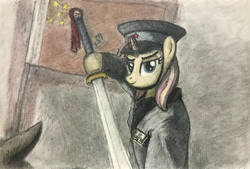 Size: 1024x691 | Tagged: safe, artist:爱画画的刀刀, oc, pony, unicorn, semi-anthro, arm hooves, china, sword, traditional art, weapon