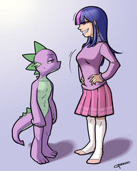Size: 5511x6889 | Tagged: safe, artist:garam, spike, twilight sparkle, dragon, human, g4, absurd resolution, alternate hairstyle, breasts, busty twilight sparkle, clothed female nude male, clothes, duo, eyes on the prize, female, humanized, looking at each other, male, pleated skirt, ship:twispike, shipping, short hair, skirt, smiling, smug, smuglight sparkle, socks, straight, young