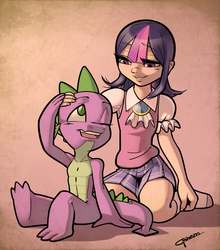 Size: 4987x5663 | Tagged: safe, artist:garam, spike, twilight sparkle, dragon, human, g4, absurd resolution, alternate hairstyle, caress, clothed female nude male, clothes, cute, duo, female, humanized, looking at each other, male, one eye closed, photo, pleated skirt, ship:twispike, shipping, short hair, skirt, smiling, socks, straight, young