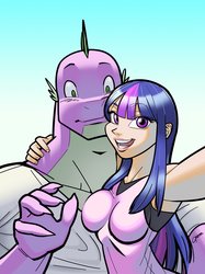 Size: 3071x4096 | Tagged: safe, artist:garam, spike, twilight sparkle, dragon, human, anthro, g4, armpits, breasts, clothes, female, humanized, looking at you, male, open mouth, selfie, ship:twispike, shipping, straight, tank top