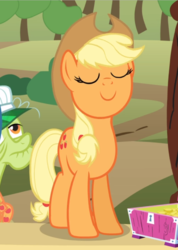 Size: 647x910 | Tagged: safe, screencap, applejack, granny smith, earth pony, pony, g4, the super speedy cider squeezy 6000, apple tree, cropped, elderly, eyes closed, female, mare, offscreen character, smiling, smug, solo focus, tree
