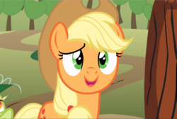 Size: 1396x939 | Tagged: safe, screencap, applejack, earth pony, pony, g4, the super speedy cider squeezy 6000, apple tree, cropped, cute, female, jackabetes, mare, open mouth, smiling, solo, tree