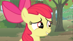 Size: 1668x939 | Tagged: safe, screencap, apple bloom, earth pony, pony, g4, the super speedy cider squeezy 6000, apple tree, female, filly, foal, smiling, solo, tree