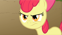 Size: 1668x940 | Tagged: safe, screencap, apple bloom, earth pony, pony, g4, the super speedy cider squeezy 6000, apple bloom is not amused, close-up, female, filly, foal, solo, unamused, wavy mouth