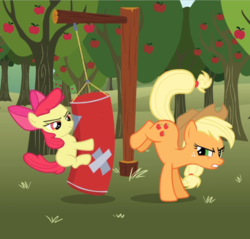 Size: 952x911 | Tagged: safe, screencap, apple bloom, applejack, earth pony, pony, g4, the super speedy cider squeezy 6000, apple tree, bow, bucking, cropped, determined, duo, female, filly, grin, hair bow, mare, punching bag, raised leg, smiling, this will end in pain, tree