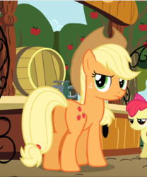 Size: 782x941 | Tagged: safe, screencap, apple bloom, applejack, earth pony, pony, g4, the super speedy cider squeezy 6000, apple tree, applebutt, applejack is not amused, butt, cropped, female, filly, mare, plot, rear view, solo focus, tree, unamused