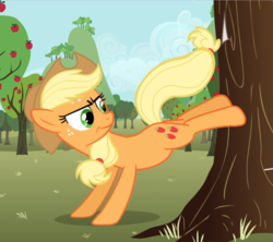 Size: 1052x936 | Tagged: safe, screencap, applejack, earth pony, pony, g4, the super speedy cider squeezy 6000, apple tree, bucking, cropped, determined, female, freckles, looking back, mare, smiling, solo, sweat, tree