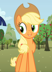 Size: 679x938 | Tagged: safe, screencap, applejack, twilight sparkle, earth pony, pony, unicorn, g4, the super speedy cider squeezy 6000, apple tree, applejack's hat, cowboy hat, cropped, cute, female, hat, jackabetes, looking at something, mare, offscreen character, smiling, solo focus, tree, unicorn twilight