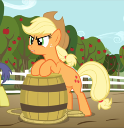 Size: 914x939 | Tagged: safe, screencap, applejack, earth pony, pony, g4, the super speedy cider squeezy 6000, angry, apple tree, barrel, bipedal, bipedal leaning, cropped, female, freckles, leaning, mare, offscreen character, rope, solo focus, tree