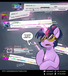 Size: 750x837 | Tagged: safe, artist:cosmalumi, twilight sparkle, pony, tumblr:ask queen moon, g4, glowing horn, goggles, horn, magic, solo