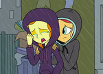 Size: 2152x1550 | Tagged: safe, artist:eagc7, adagio dazzle, sunset shimmer, human, equestria girls, clothes, comforting, crying, duo, duo female, female, hoodie, rain, requested art, sad