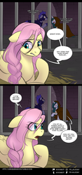 Size: 750x1602 | Tagged: safe, artist:cosmalumi, fluttershy, oc, oc:bright eyes, pony, tumblr:ask queen moon, g4, comic, night guard