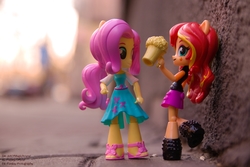 Size: 6016x4012 | Tagged: safe, artist:artofmagicpoland, fluttershy, sunset shimmer, equestria girls, equestria girls series, g4, absurd resolution, clothes, doll, dress, drunk, drunker shimmer, equestria girls minis, eqventures of the minis, female, irl, photo, skirt, toy
