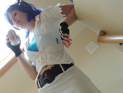 Size: 4608x3456 | Tagged: safe, artist:lilium666, dj pon-3, vinyl scratch, human, g4, belly button, belt, clothes, cosplay, costume, headphones, irl, irl human, midriff, photo, piercing, red eyes, soda, solo