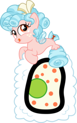 Size: 937x1500 | Tagged: safe, artist:cloudy glow, cozy glow, seapony (g4), g4, cozybetes, cute, female, food, micro, ponies in food, ponies in sushi, seaponified, seapony cozy glow, simple background, solo, species swap, sushi, tongue out, transparent background