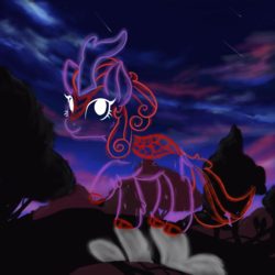 Size: 2100x2100 | Tagged: safe, artist:sjart117, autumn blaze, silhouette gloom of the sundown lands, kirin, pony, g4, sounds of silence, bright, commission, female, forest, high res, mare, night, separate plane of existence, shadow, stars, sundown lands