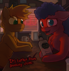 Size: 1459x1505 | Tagged: safe, artist:marsminer, oc, oc only, oc:mox, pony, alcohol, bar, billy joel, bottle, diner, piano man, song reference, waitress