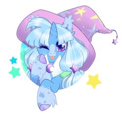 Size: 1500x1410 | Tagged: safe, artist:nemovonsilver, trixie, classical unicorn, pony, unicorn, g4, :p, blaze (coat marking), clothes, cloven hooves, coat markings, cute, ear fluff, facial markings, female, freckles, hat, horn, looking at you, mare, one eye closed, silly, solo, stars, tongue out, trixie's hat, unshorn fetlocks, wink