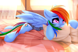 Size: 1497x1001 | Tagged: safe, artist:omi, rainbow dash, pegasus, pony, g4, adorasexy, backwards cutie mark, bed, clothes, cute, dashabetes, female, indoors, lingerie, lying down, lying on bed, mare, nightgown, on bed, open mouth, open smile, panties, partially open wings, pillow, prone, sexy, smiling, solo, stupid sexy rainbow dash, underwear, wings