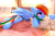 Size: 1497x1001 | Tagged: safe, artist:omi, rainbow dash, pegasus, pony, g4, adorasexy, backwards cutie mark, bed, clothes, cute, dashabetes, female, indoors, lingerie, lying down, lying on bed, mare, nightgown, on bed, open mouth, open smile, panties, pillow, prone, sexy, smiling, solo, stupid sexy rainbow dash, underwear, wings