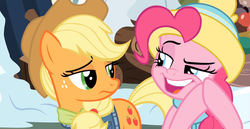 Size: 1920x988 | Tagged: safe, screencap, applejack, pinkie pie, pony, g4, my little pony best gift ever, applejack's hat, clothes, cowboy hat, hat, out of context, scarf, winter outfit