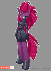 Size: 1000x1407 | Tagged: safe, artist:howxu, tempest shadow, unicorn, anthro, unguligrade anthro, g4, broken horn, clothes, eye scar, female, gloves, gray background, hoof shoes, horn, patreon, patreon logo, scar, simple background, solo
