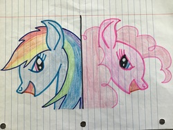 Size: 3264x2448 | Tagged: safe, artist:asiandra dash, pinkie pie, rainbow dash, pony, fanfic:cupcakes, fanfic:rainbow factory, g4, colored pencil drawing, high res, lined paper, marker outline, rainbow factory dash, traditional art