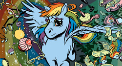 Size: 1200x650 | Tagged: safe, artist:pat barrett, rainbow dash, pegasus, pony, g4, 2015, article, article in the description, article in the source, artwork, author:maria bustillos, banknote, banknotes, brush, criticism, cupcake, doll, food, glasses, lunchbox, monster high, rainbow, text, toy, trippy, wat