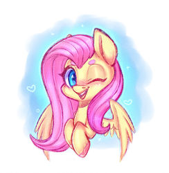 Size: 1024x1051 | Tagged: safe, artist:pinipy, fluttershy, pegasus, pony, g4, blushing, cute, eyebrows, female, heart, hoof fluff, mare, one eye closed, shyabetes, simple background, solo, spread wings, unshorn fetlocks, white background, wings, wink