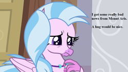 Size: 1280x720 | Tagged: safe, edit, edited screencap, editor:korora, screencap, silverstream, classical hippogriff, hippogriff, g4, the hearth's warming club, bronybait, cute, dialogue, diastreamies, hug request, jewelry, necklace, sad