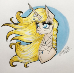 Size: 522x518 | Tagged: safe, artist:brittle_part, oc, oc only, oc:brittle tender, pony, blue eyes, chest fluff, colored, horn, horn jewelry, jewelry, necklace, simple background, solo, traditional art, windswept mane